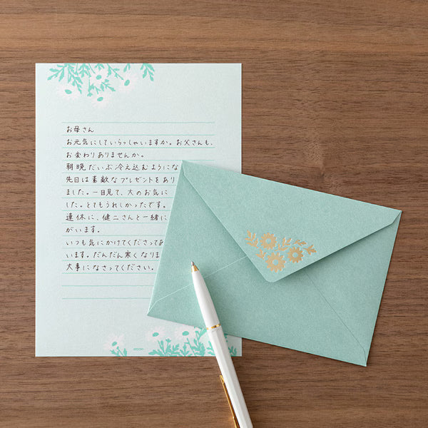 ミドリ デザインフィル DESIGNPHIL レターセット515 箔押封筒 マーガレット柄 86515006 4902805865159（5セット）