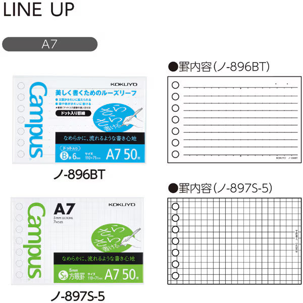 KOKUYO Loose Leaf (Write smoothly) B ruled line with dots A7 50 sheets No-896BT 4901480396675