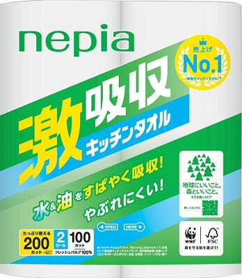 王子ネピア_激吸収キッチンタオル２ロール 100ｶｯﾄ /4901121334196（10セット）