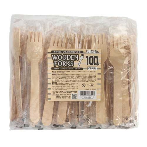 Tenedor de madera 15,5cm en bolsa transparente 100 piezas Sunup 4901627067918