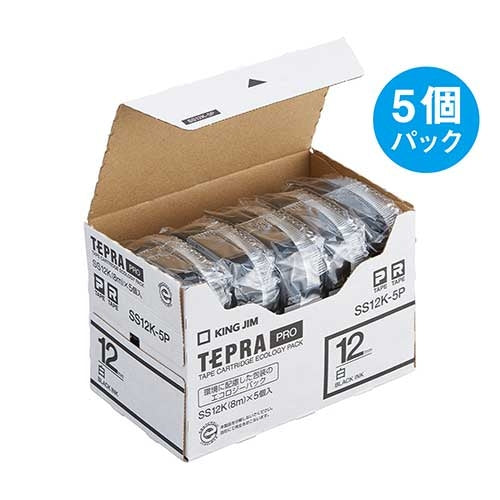 King Jim PRO tape SS12K-5P lettres noires sur blanc 12mm 5 pièces