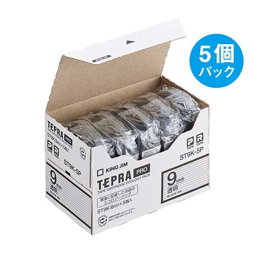 King Jim PRO ruban ST9K-5P transparent avec lettres noires 9mm 5 pièces