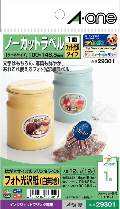 エーワン はがきサイズのプリンタラベル ノーカット 光沢紙 12枚 29301（10セット）