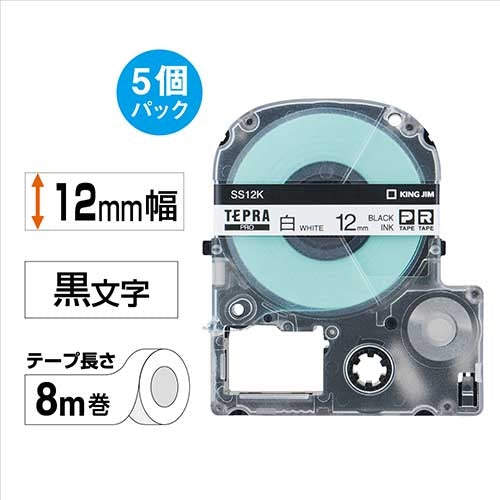 King Jim Tepra PRO Tape SS12K Hvid med sorte bogstaver 12mm 5 stk