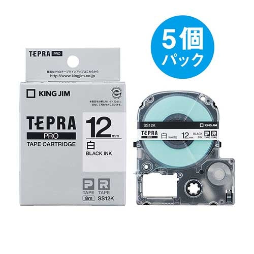 King Jim Tepra PRO Tape SS12K Hvid med sorte bogstaver 12mm 5 stk