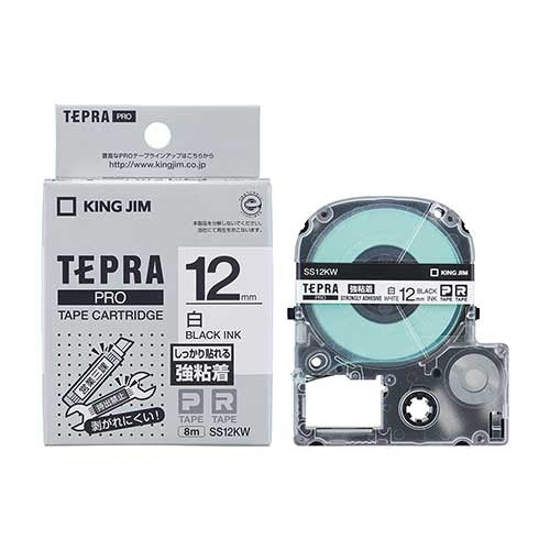 King Jim Tepra PRO Tape Strong Adhesive SS12KW White/Black 12mm 4971660756759