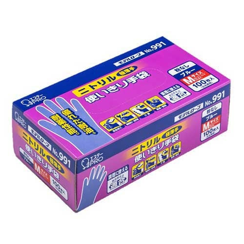 エステー ニトリル手袋粉なしNo.991 ブルー M 100枚 4901070754960