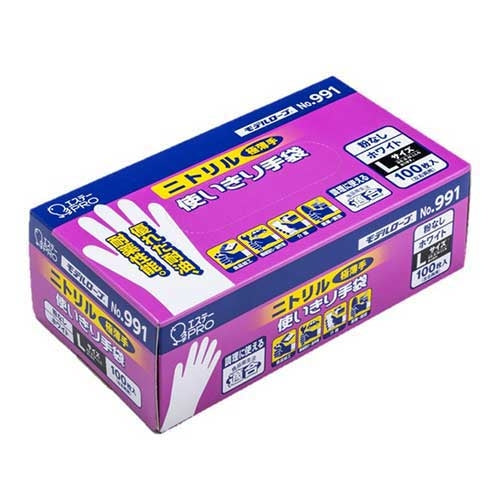 エステー ニトリル手袋粉なしNo.991ホワイト L 100枚 4901070754939