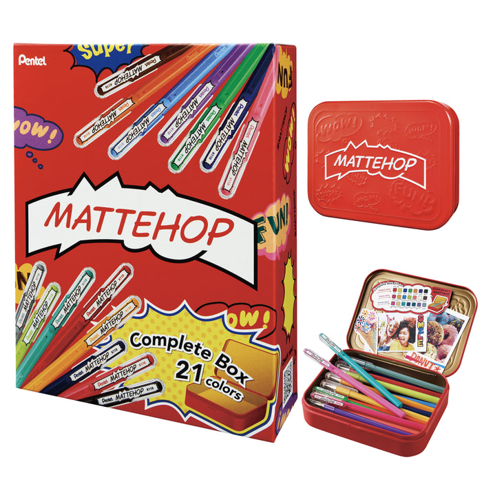 ぺんてる カラーボールペン MATTEHOP マットホップ 1.0mm セット 21色 缶ケース入り K110-V21ST 4902506426376