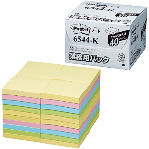 ポスト イット ノート 75x75mm 100枚x4色x40個 業務用 6544-K（10セット）