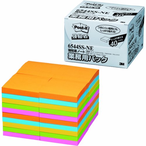 ポスト イット 強粘着ノート 75x75mm 90枚x40個 5色 業務用 6544SS-NE（10セット）