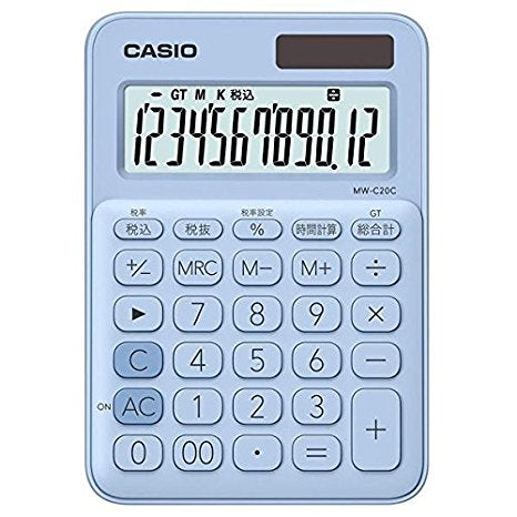 カシオ 電卓 12桁 （ペールブルー）CASIO カラフル電卓 ミニジャストタイプ MW-C20C-LB（10セット）