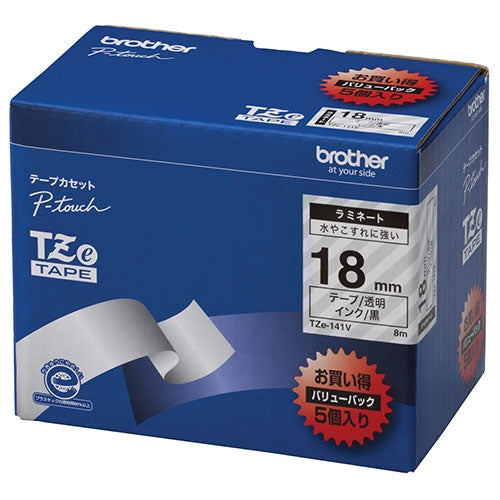 Nastro da lettere Brother TZe-141V Lettere nere trasparenti 18 mm 5 pezzi 4977766701754