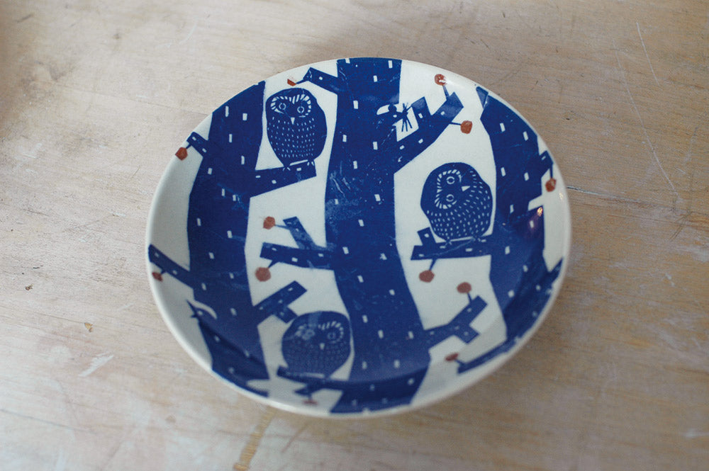 Kurashiki design กะตะ กะตะ แสตมป์มือ จาน 7 นิ้ว (นกฮูก)