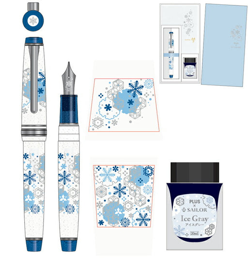 【PLUS×セーラー万年筆コラボ企画】 カ.クリエ プレミアムクロス×プロフェッショナルギアスリム　初雪限定セット クリアホワイト 中細字 10-8827-310